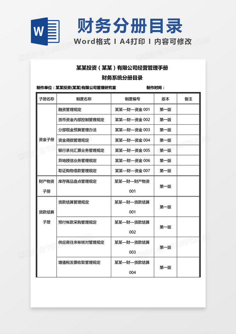 财务系统分册目录word模板