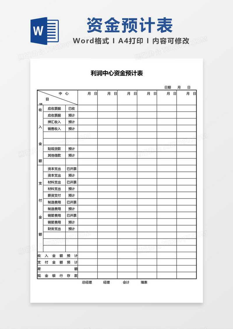 利润中心资金预计表word模板