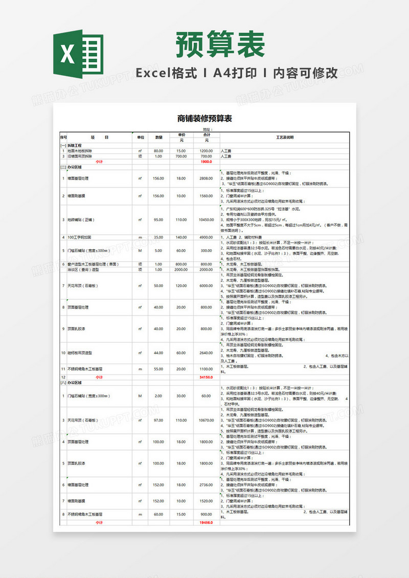 商铺装修预算表模板Excel模板