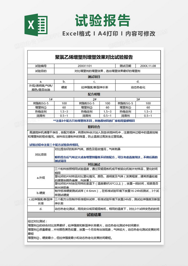 聚氯乙烯增塑剂增塑效果对比试验报告Excel模板