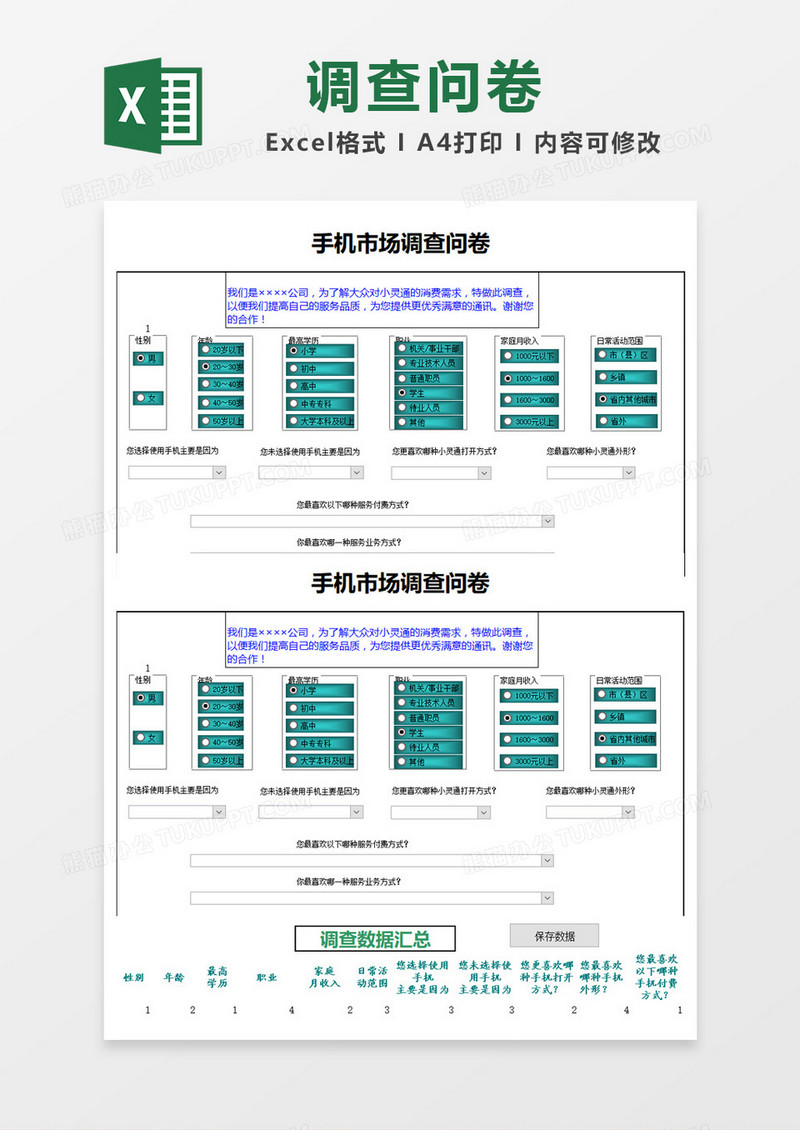 蓝色创意手机市场调查问卷Excel模板