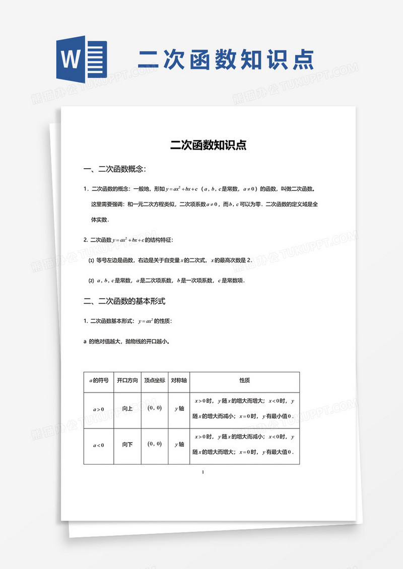 二次函数知识点word模板