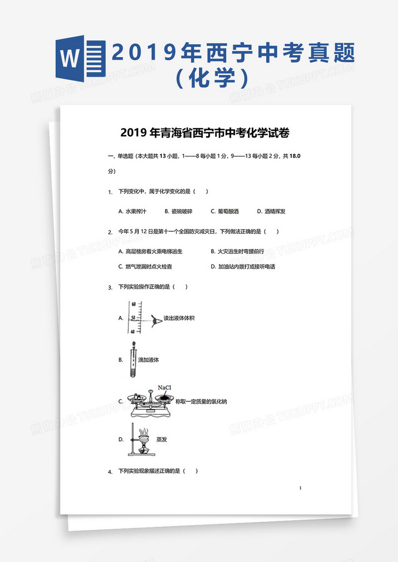 2019年青海省西宁市中考化学试卷word模板