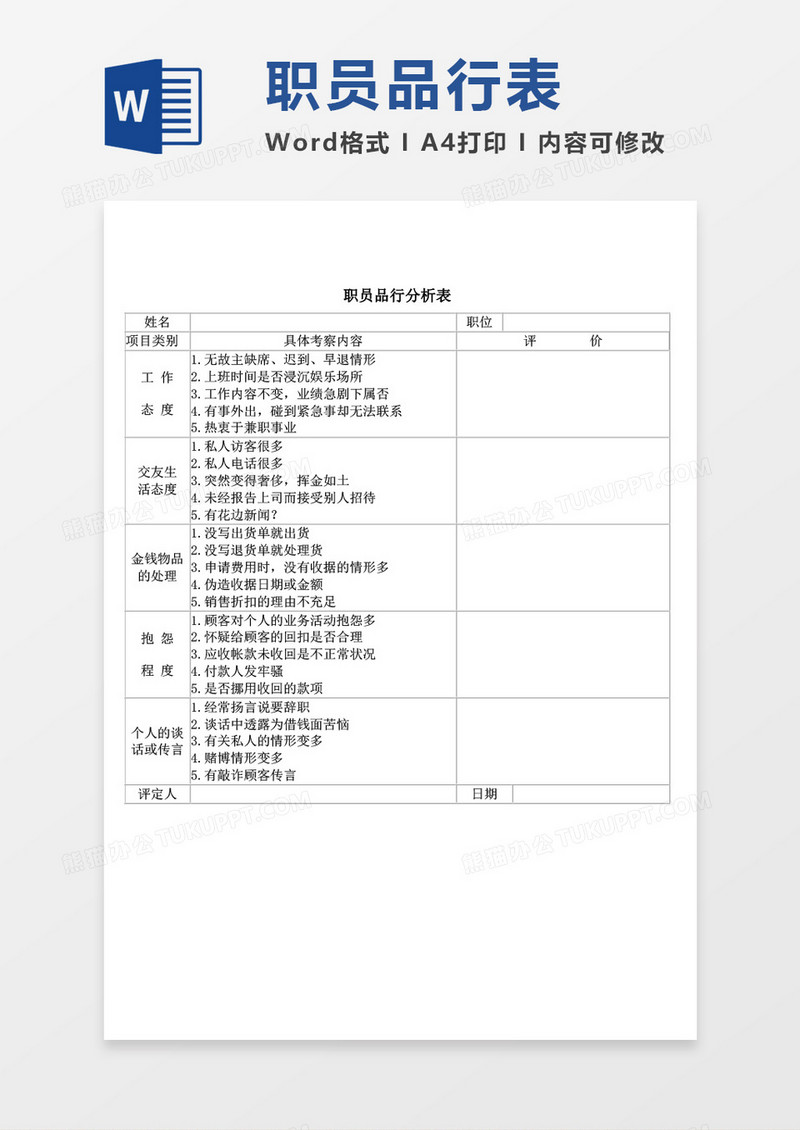 职员品行分析表word模板