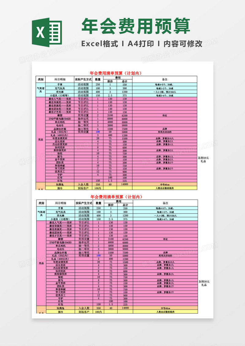 企业公司年会费用清单预算excel表格模板