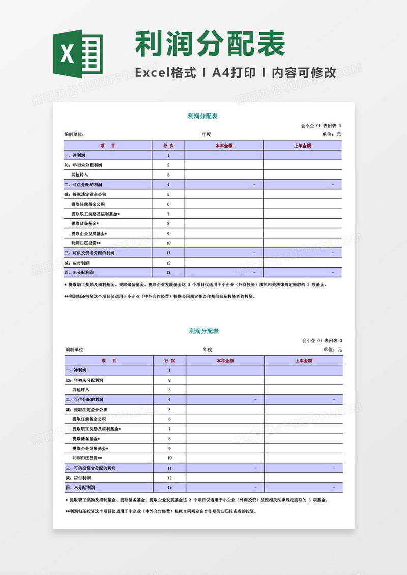 企业利润分配表excel表格模板