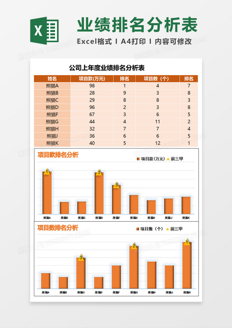 公司上年度业绩排名分析表execl模板