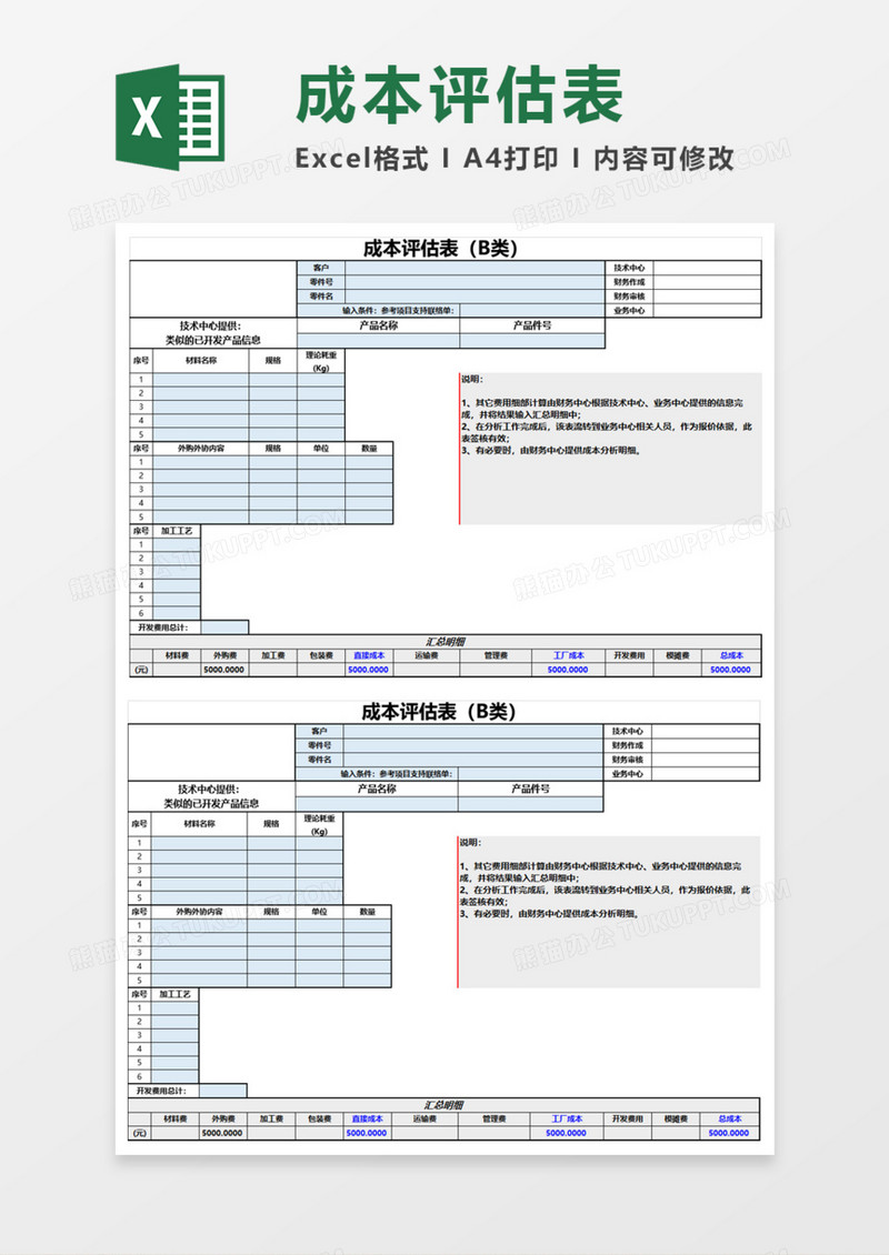 成本评估表execl模板