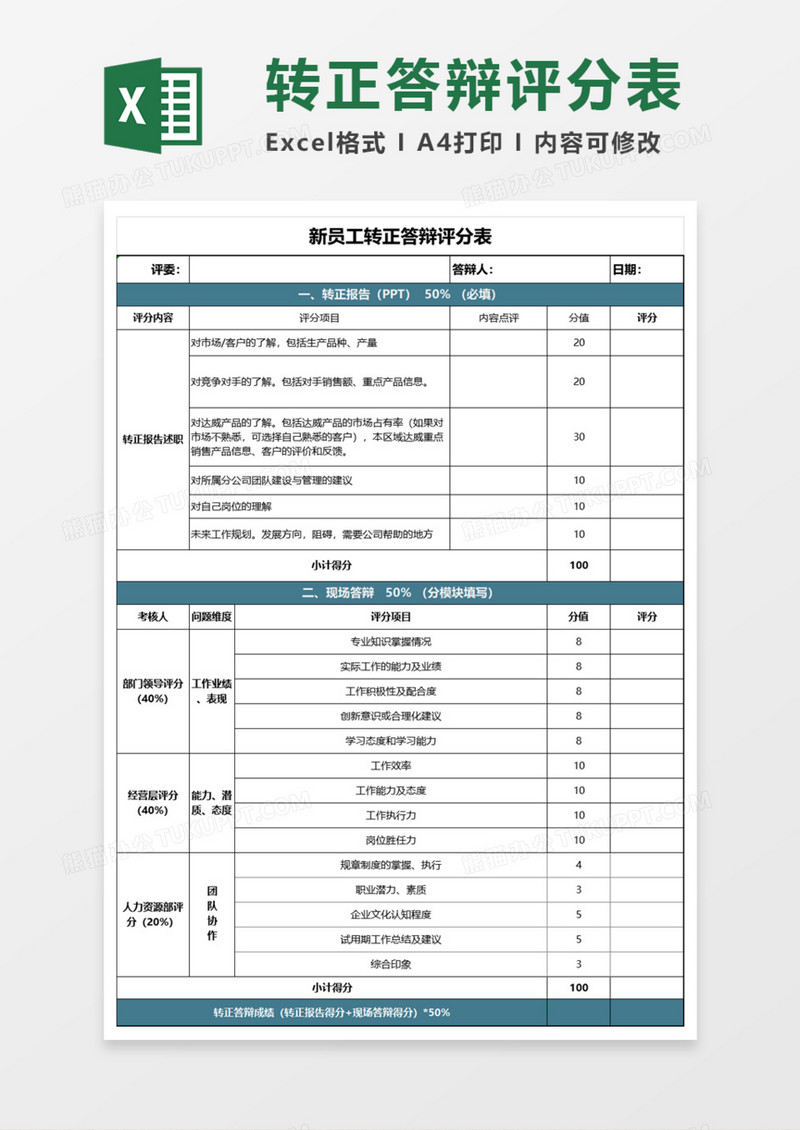 员工转正答辩评分Execl模板