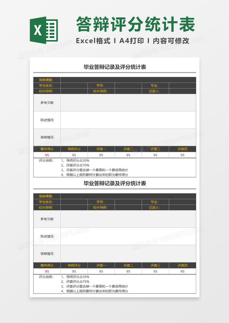 毕业答辩记录及评分统计表execl模板