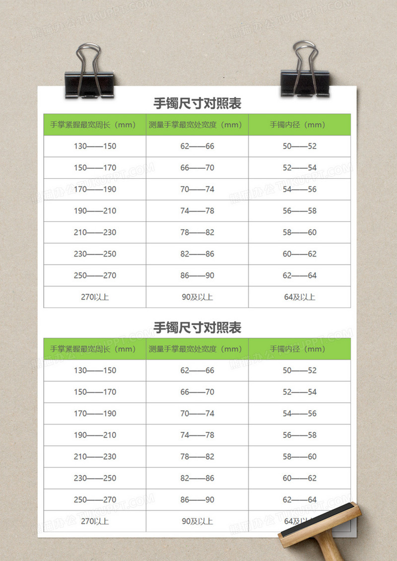 手镯尺寸对照表execl模板