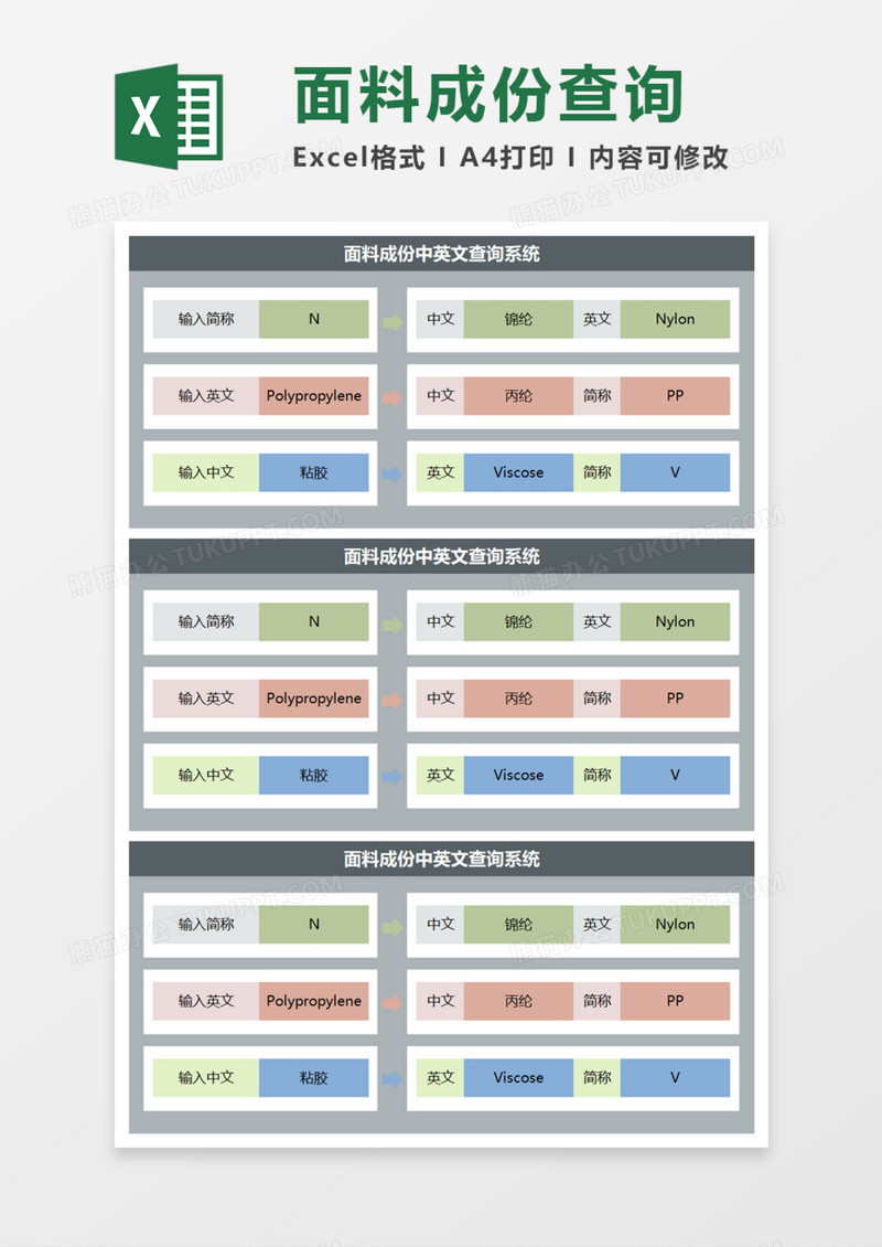 面料成份中英文查询系统Execl模板