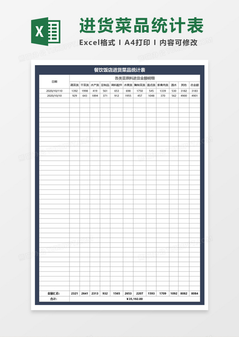 餐饮饭店进货菜品统计表execl模板