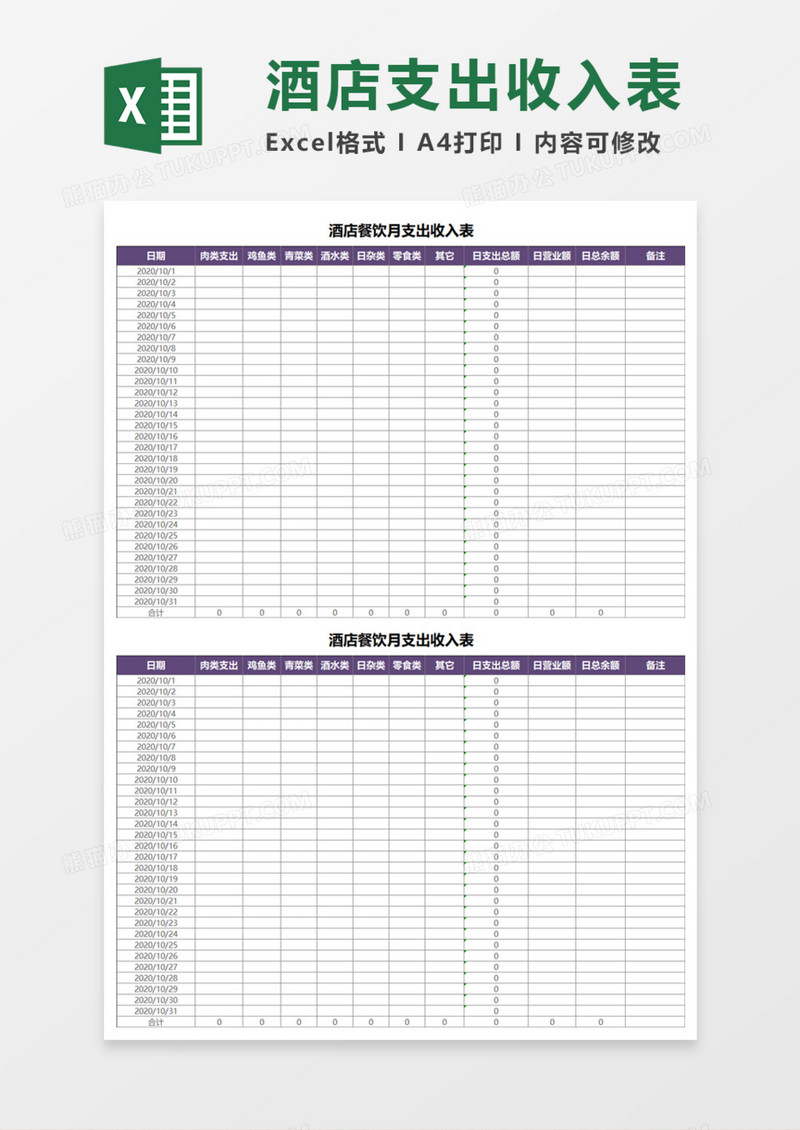 酒店餐饮月支出收入表Execl模板