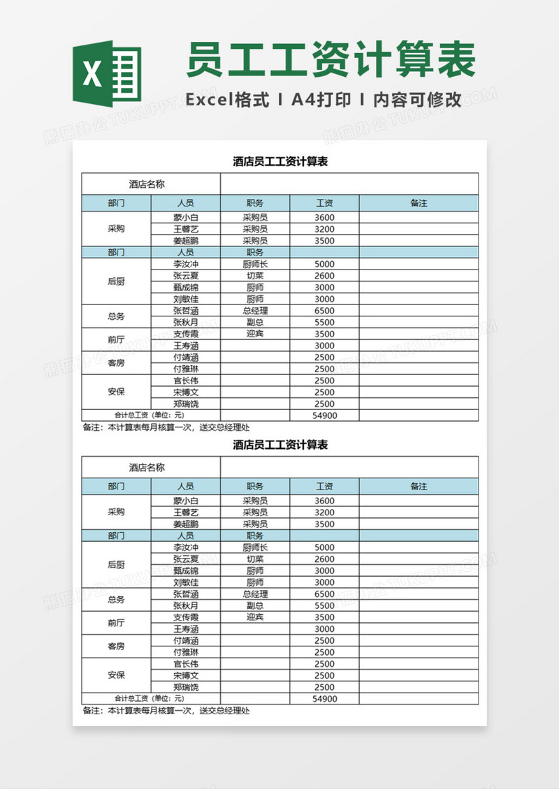 酒店员工工资计算表Execl模板