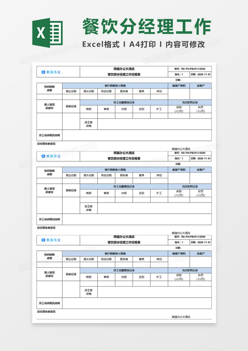 餐饮部分经理工作日报表Execl模板