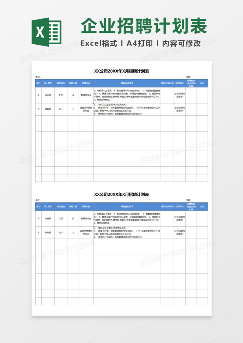 企业招聘实用计划表Execl模板