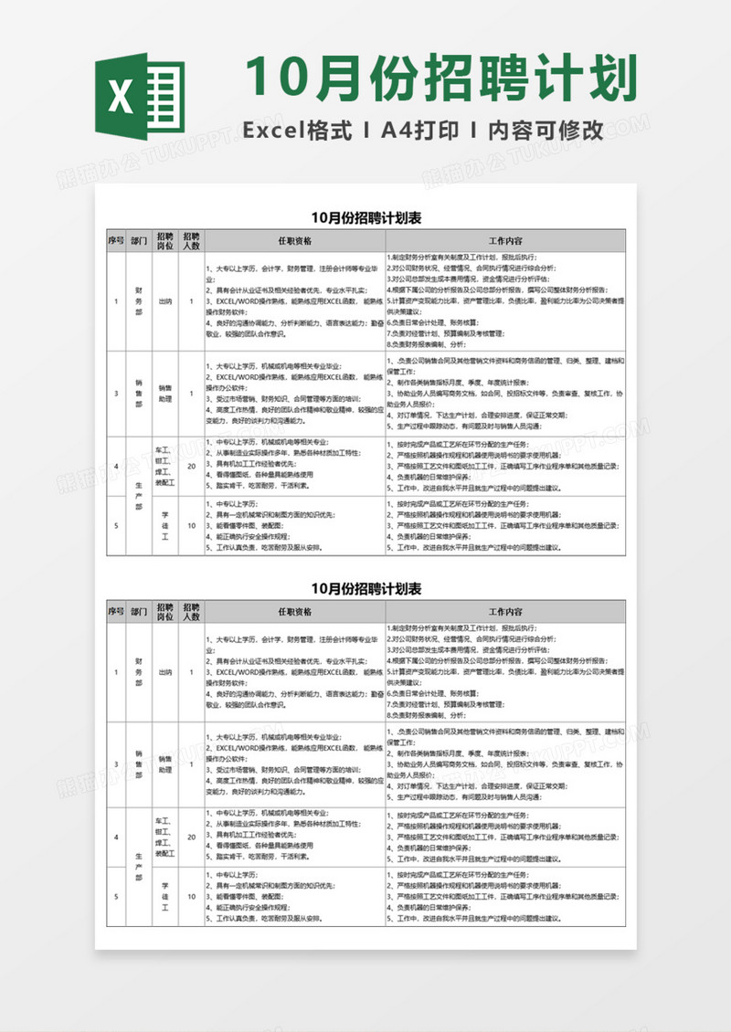 10月份招聘计划表Execl模板