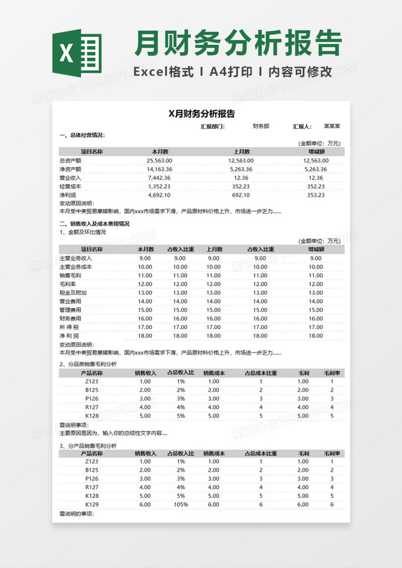 月财务分析报告Execl模板