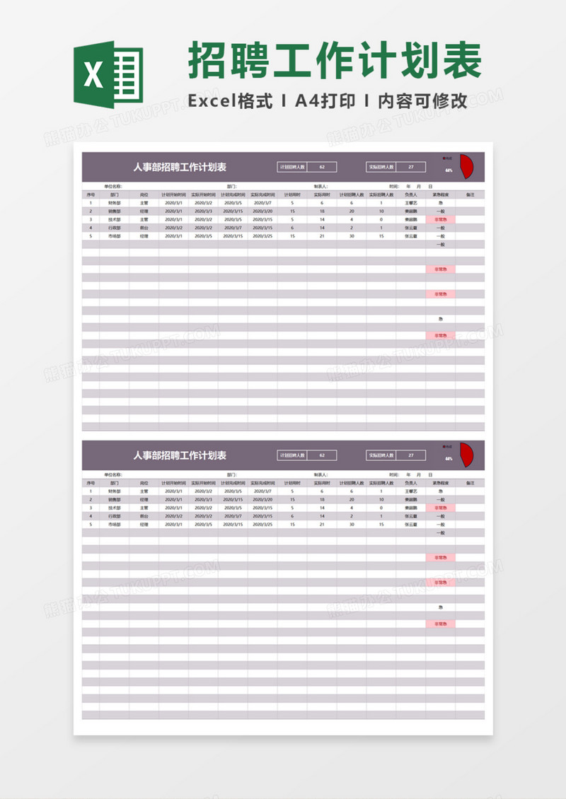 人事部招聘工作计划表Execl模板