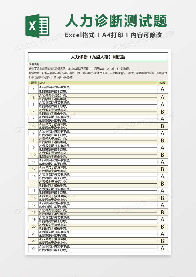 人力诊断（九型人格）测试题Execl模板