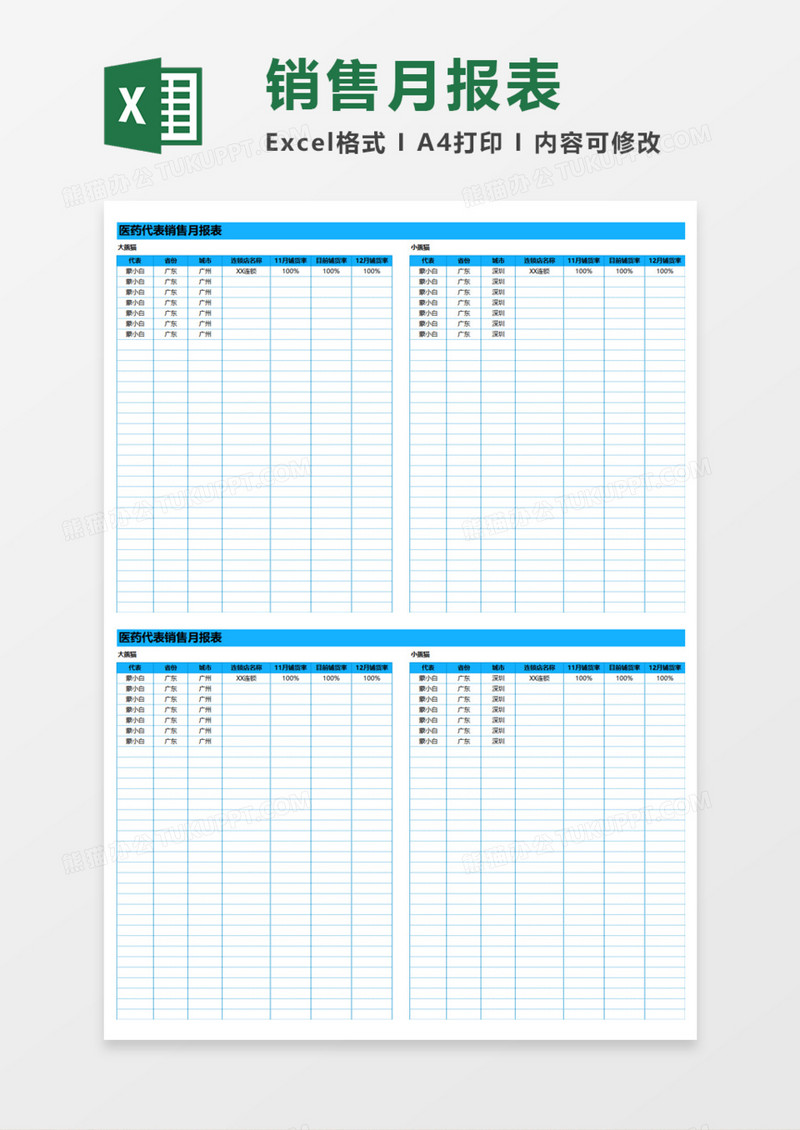 医药代表销售月报表Execl模板