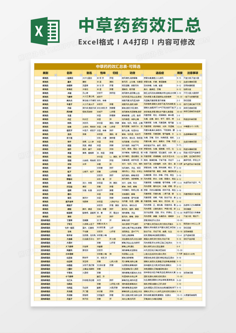 中草药药效汇总表Execl模板