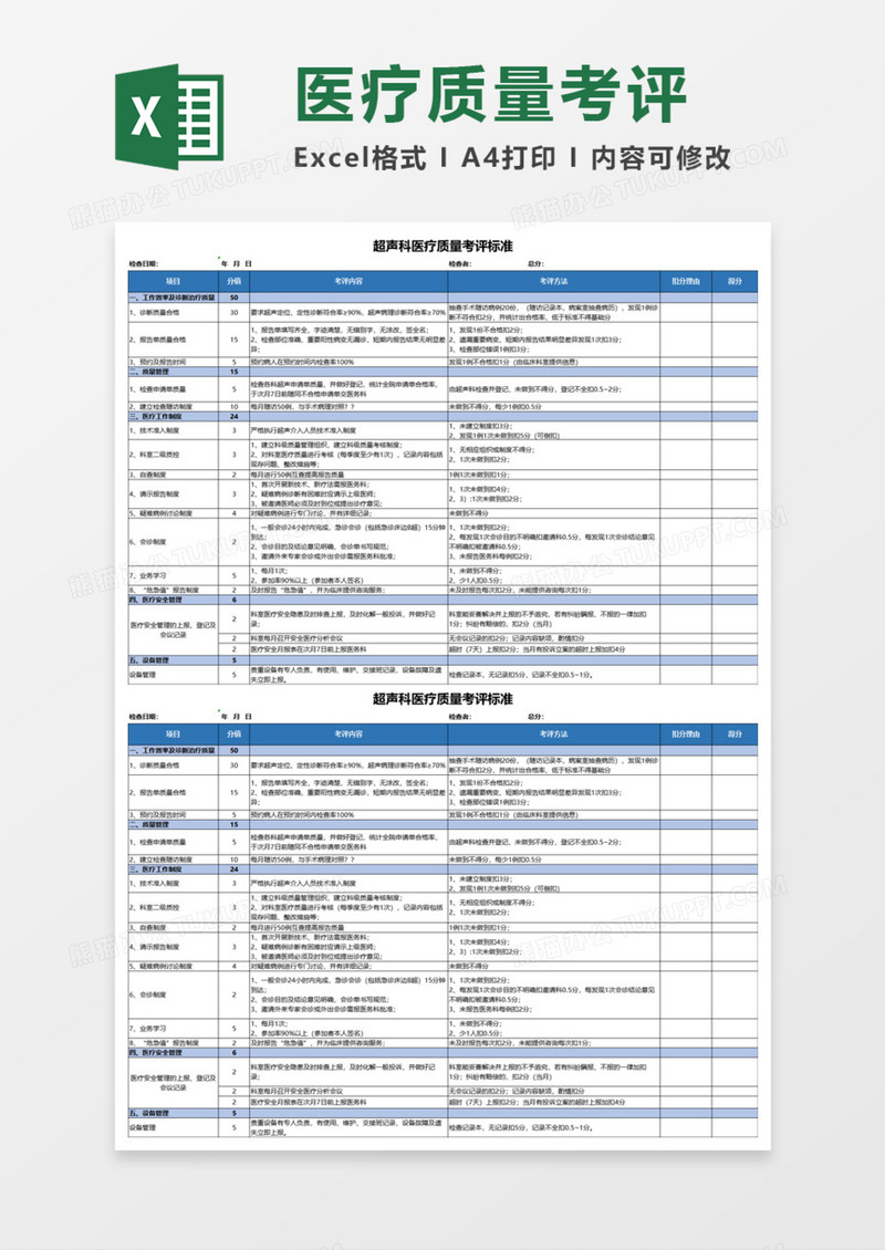 超声科医疗质量考评标准Execl模板
