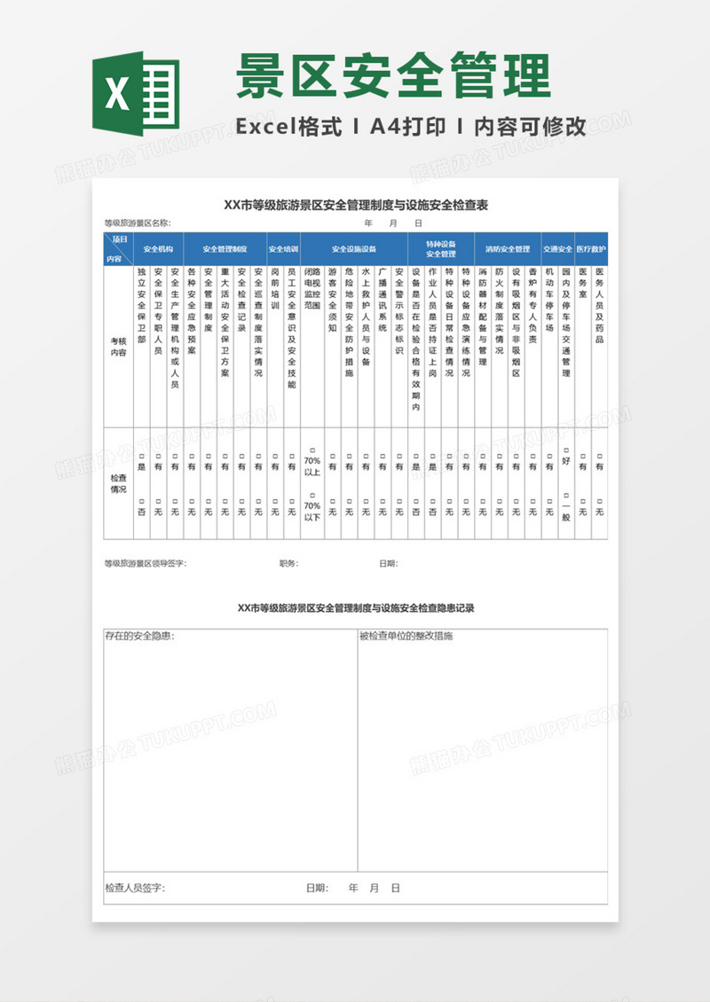 旅游景区安全管理制度与设施安全检查表Execl模板