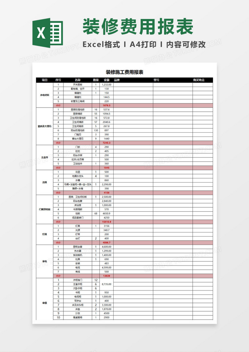 装修施工费用报表Execl模板