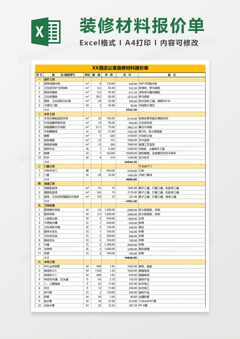 酒店公寓装修材料报价单Execl模板