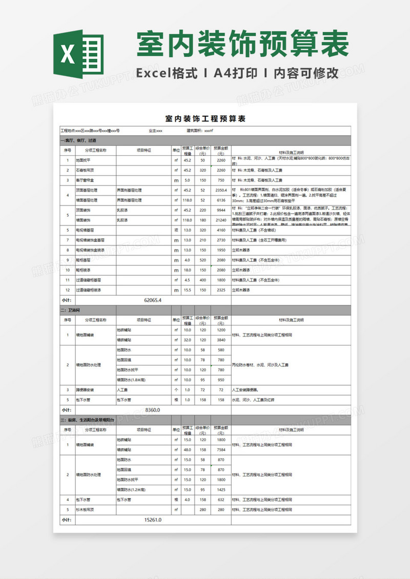 室内装饰工程预算表Execl模板