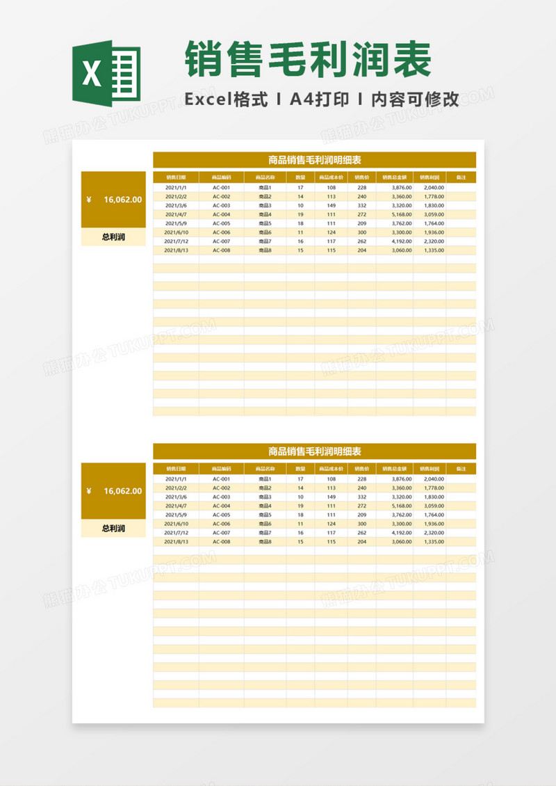 商品销售毛利润明细表Excel模板