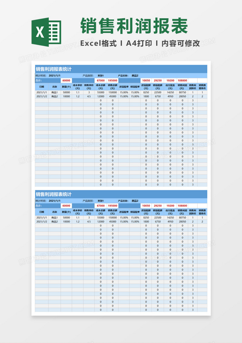 销售利润报表统计Excel模板