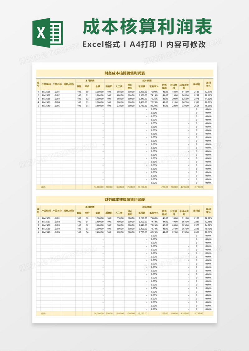 财务成本核算销售利润表Excel模板