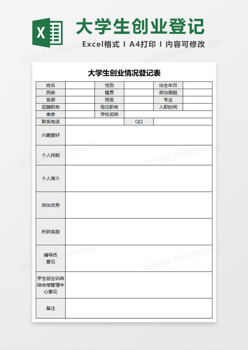 大学生创业情况登记表Excel模板