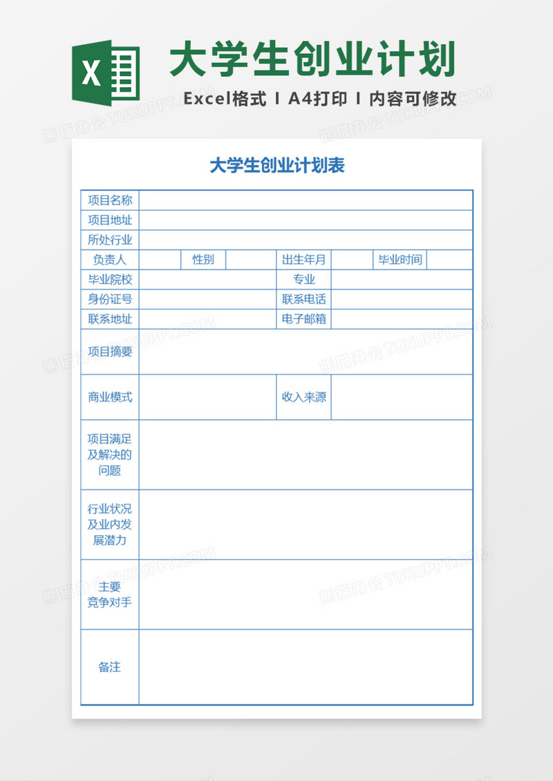 大学生创业计划表Excel模板