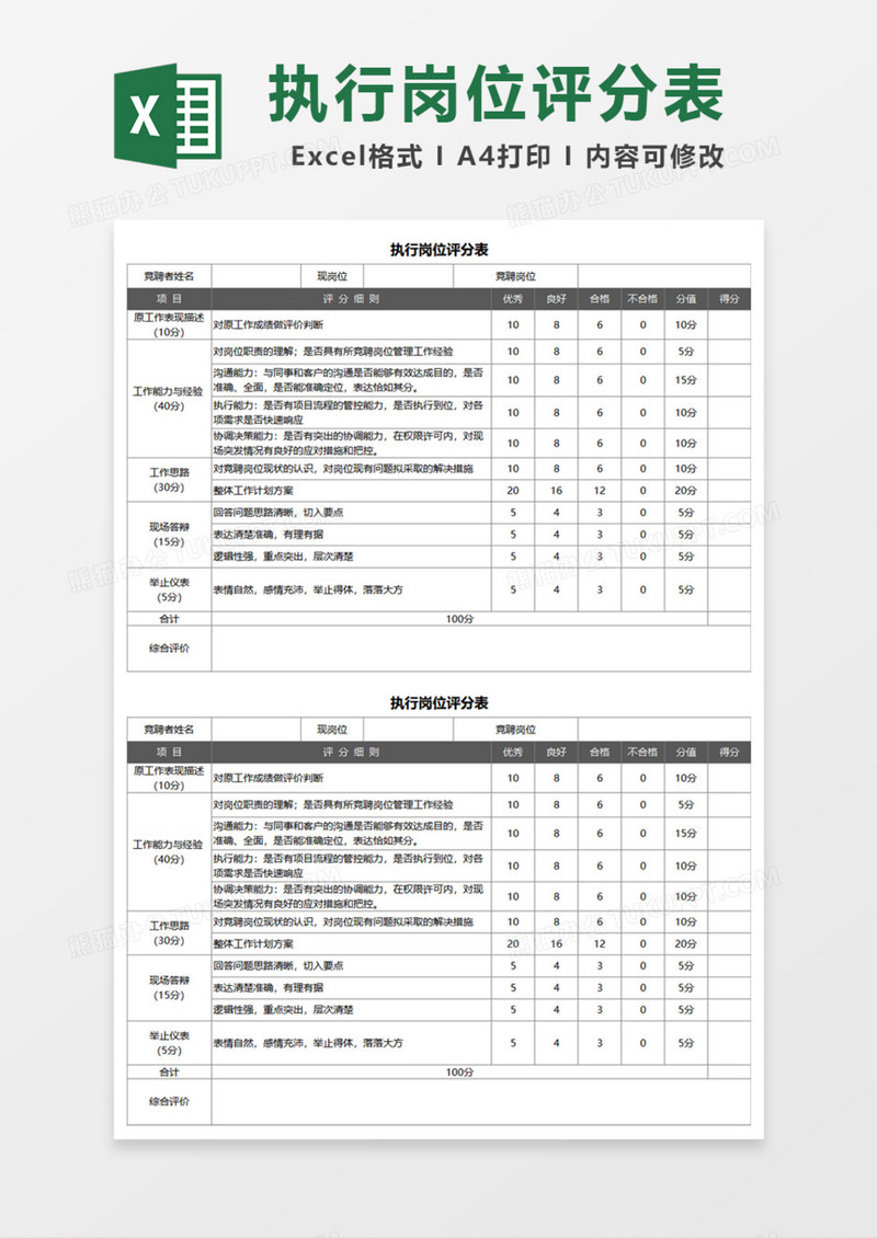 执行岗位评分表Excel模板