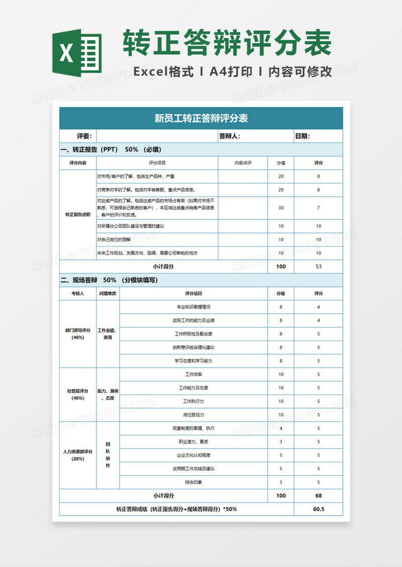 新员工转正答辩评分表Excel模板