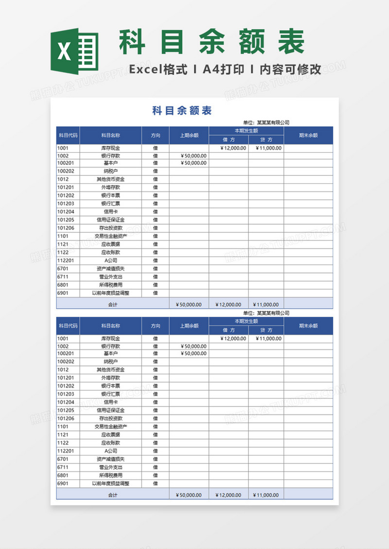 简单科目余额表Excel模板