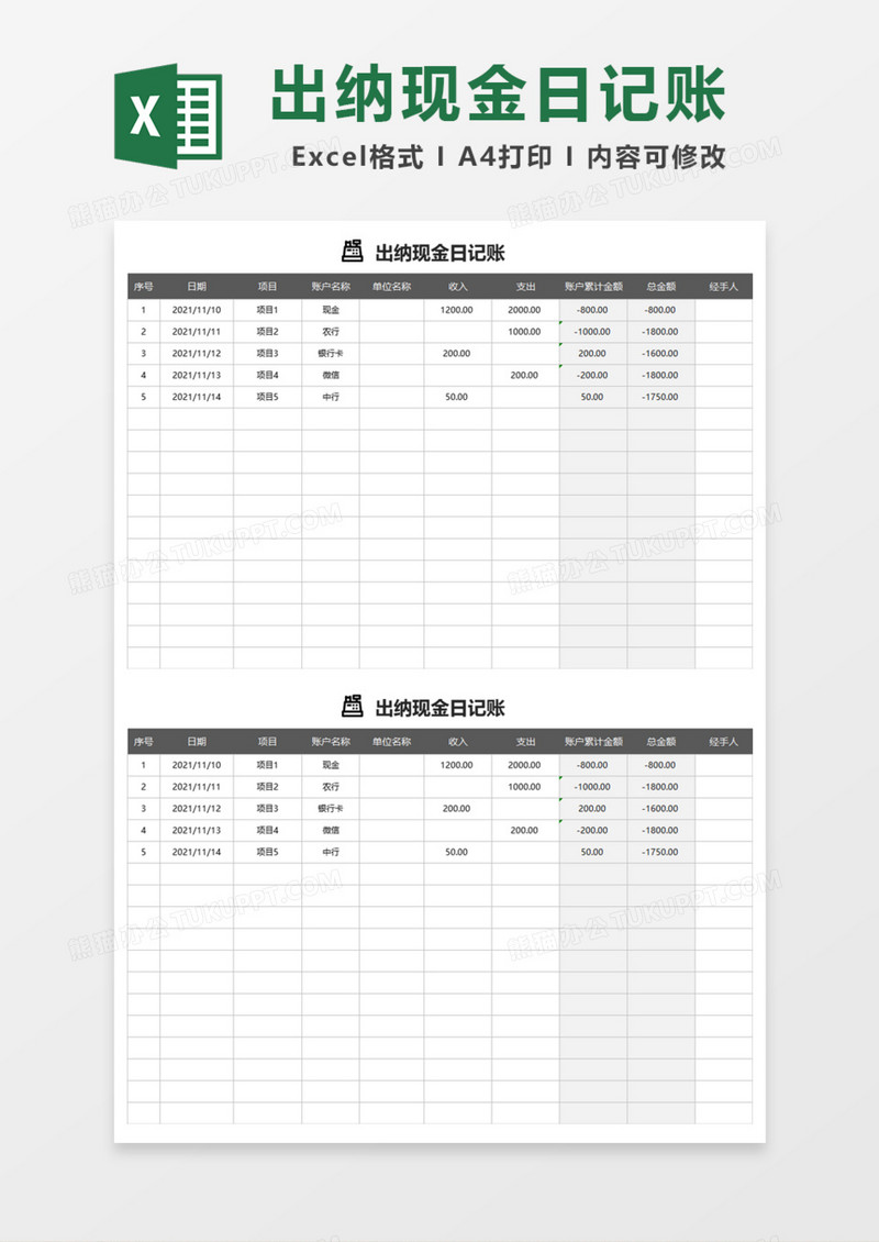 公司出纳现金日记账Excel模板