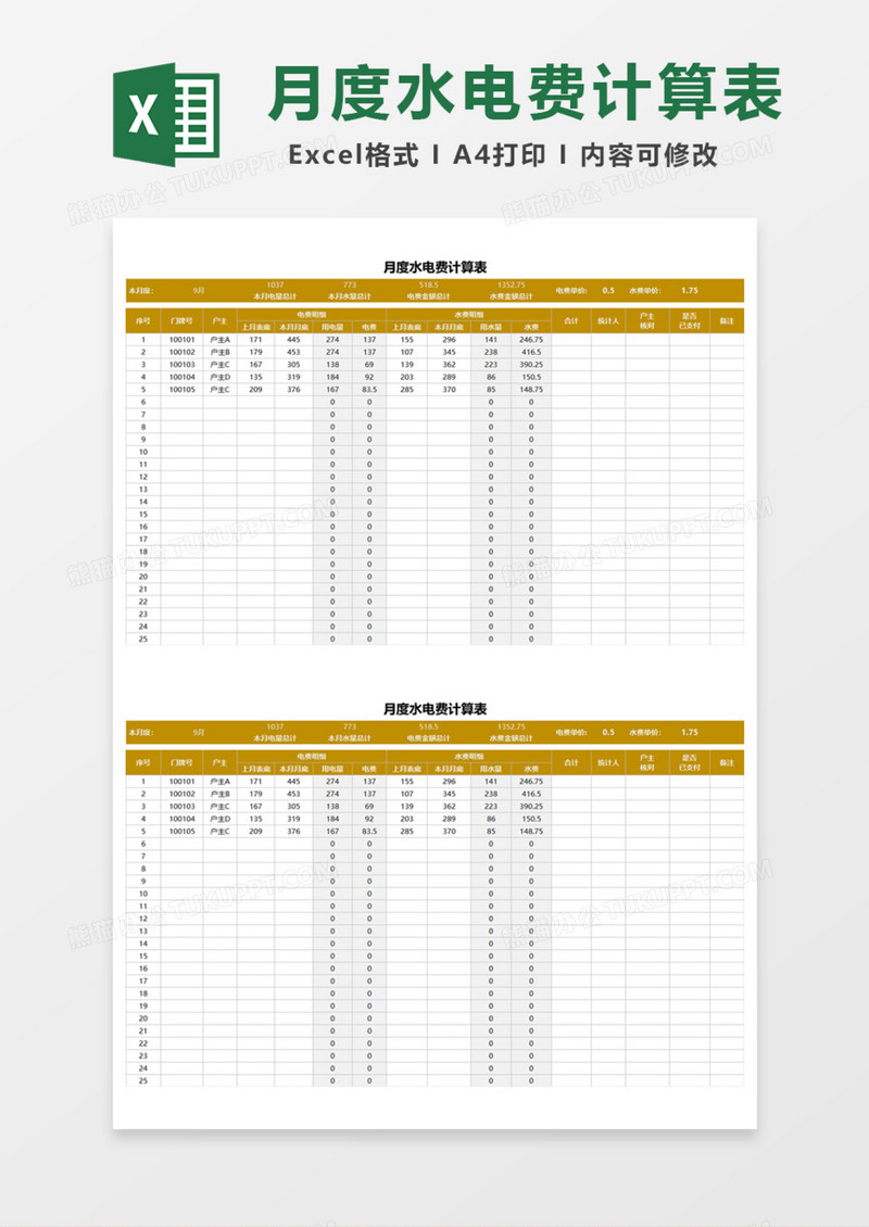 月度水电费计算表Excel模板