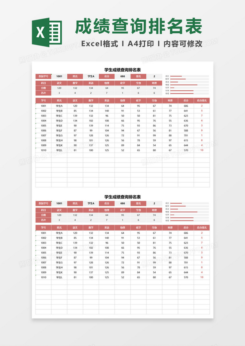 学生成绩查询排名表Excel模板