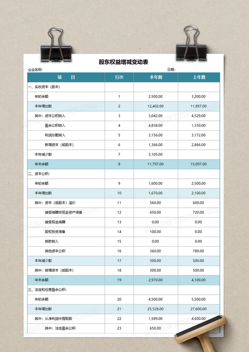 详细股东权益增减变动表excel模板