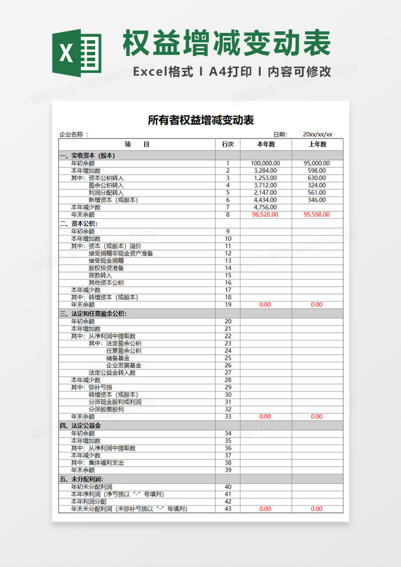 所有者权益增减变动表Excel模板