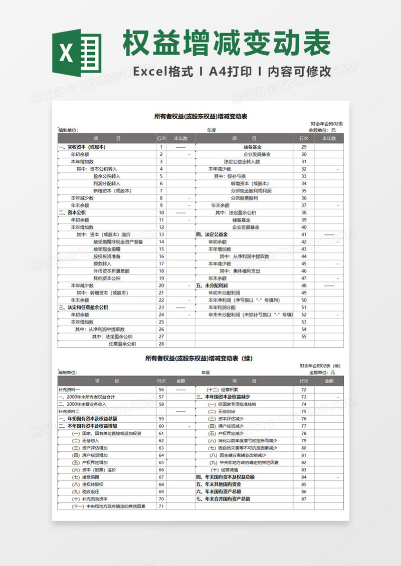 所有者权益或股东权益增减变动表Excel模板