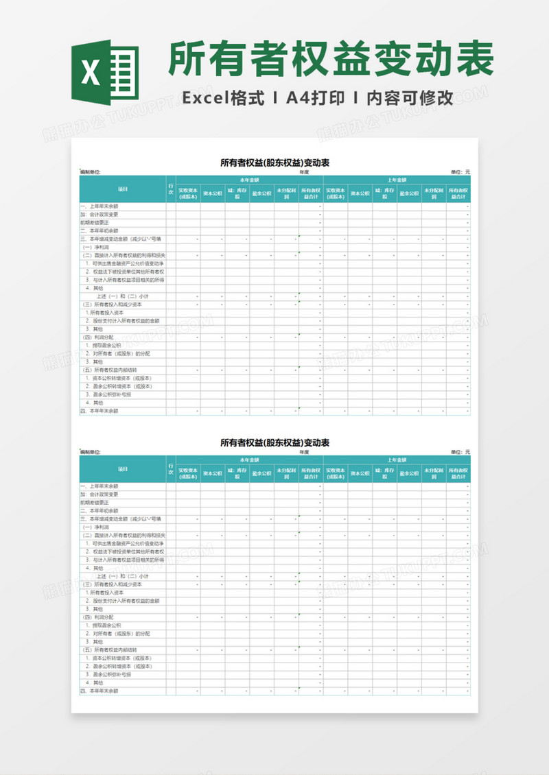 实用所有者权益股东权益变动表Excel模板