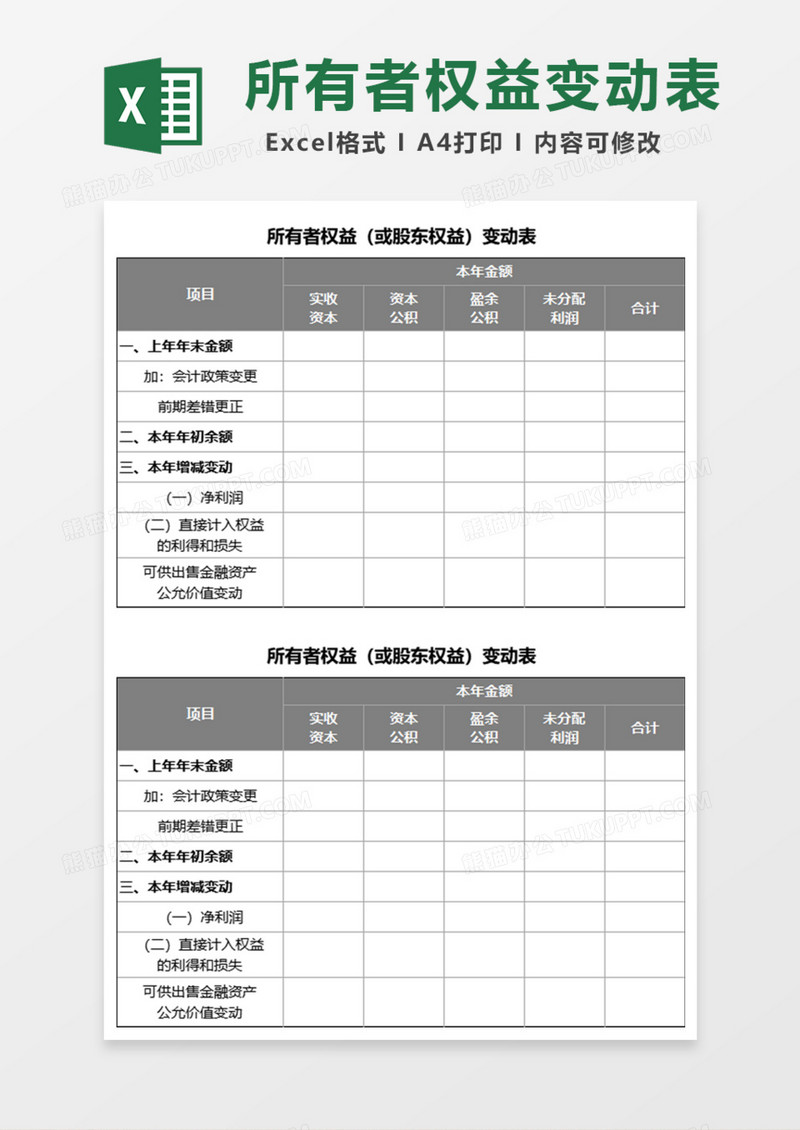 所有者权益或股东权益变动表Excel模板