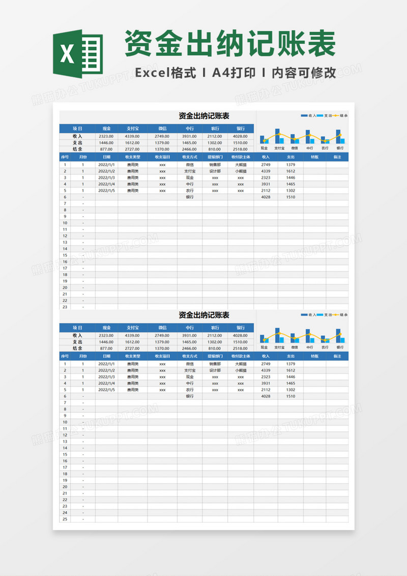 资金出纳记账表Excel模板