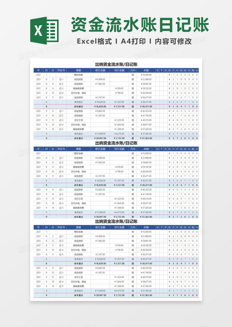 出纳资金流水账日记账excel模板